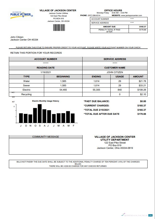 download USA Ohio Village of Jackson Center Public Power utility bill template in Word and PDF format PDF template